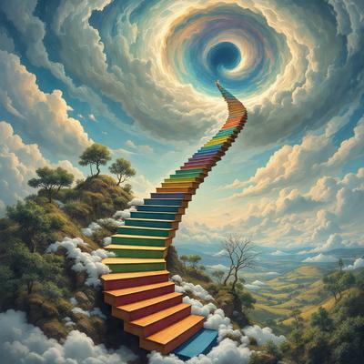 The primary subject of the image is a colorful rainbow staircase, which appears to be a part of a painting or digital artwork. The staircase is surrounded by a lush green landscape, giving the scene a vibrant and serene atmosphere. The visual style of the image is a mix of digital art and illustration, with the vivid colors and intricate details of the staircase and the surrounding environment.